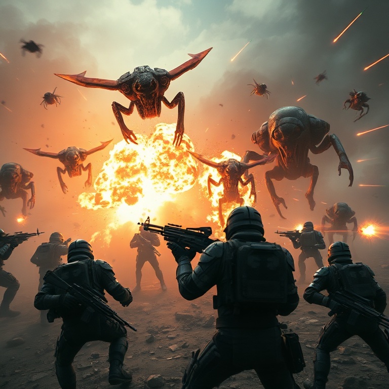 epic - A dramatic scene from Helldivers 2, showing a squad of Helldivers in action against alien bugs and robots amidst an ex
