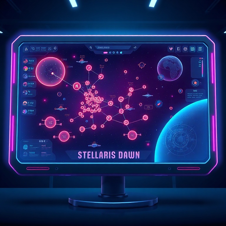 epic - A futuristic, stylized computer screen displaying the 'Stellaris Dawn' game interface, showing a vast galaxy map with