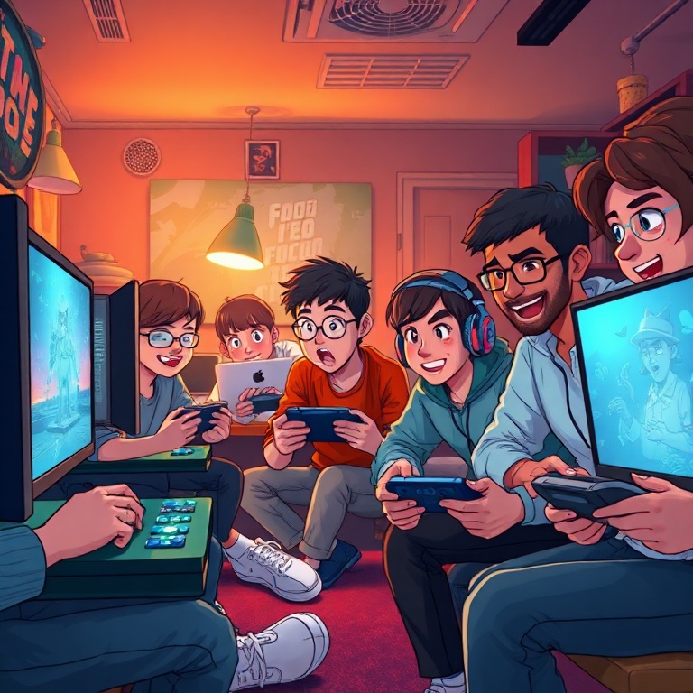 epic - A diverse group of gamers enthusiastically playing on different platforms (PC, console, handheld), surrounded by glowi