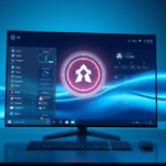 A futuristic desktop interface of Windows 12, showing holographic elements and a glowing Copilot Pro icon. The screen displays various AI-powered applications seamlessly integrated, with data visualizations and intelligent suggestions. The environment is sleek, minimalist, and bathed in soft, ambient blue light, conveying a sense of advanced technology and effortless productivity, ultra realistic, highly detailed, 8k quality, photorealistic, Microsoft Windows, AI desktop