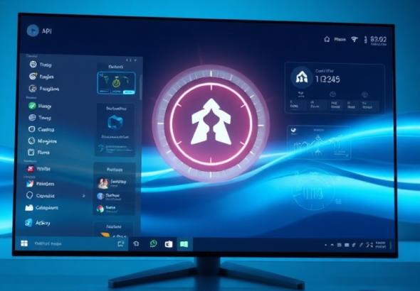 A futuristic desktop interface of Windows 12, showing holographic elements and a glowing Copilot Pro icon. The screen displays various AI-powered applications seamlessly integrated, with data visualizations and intelligent suggestions. The environment is sleek, minimalist, and bathed in soft, ambient blue light, conveying a sense of advanced technology and effortless productivity, ultra realistic, highly detailed, 8k quality, photorealistic, Microsoft Windows, AI desktop