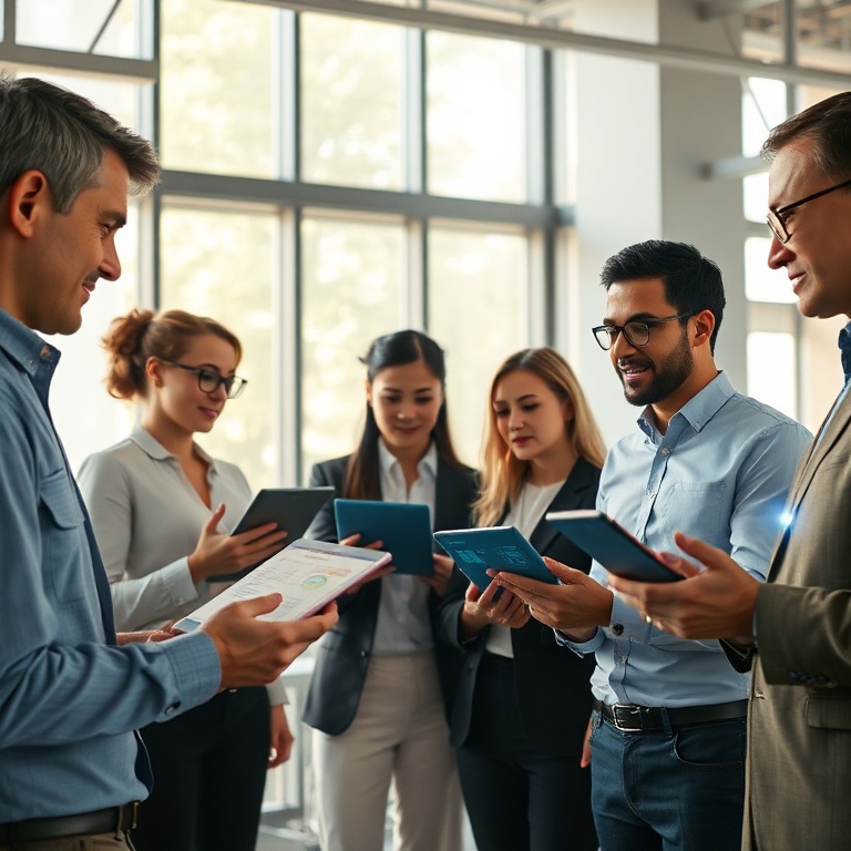 A diverse team of professionals collaborating seamlessly in a modern, sunlit office space, each interacting with their Window