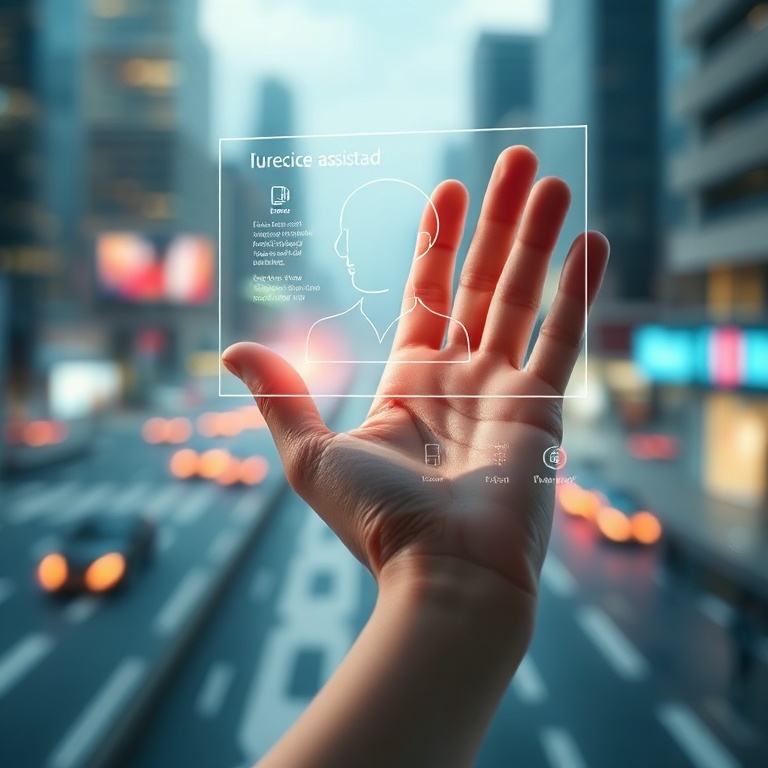 A close-up of a human hand gently interacting with a holographic interface, displaying a personalized AI assistant. The backg