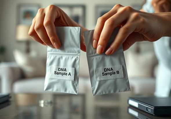 A woman's hands carefully swapping two small sealed envelopes labeled 'DNA Sample A' and 'DNA Sample B' on a desk, with a blurred background of a living room, soft natural light filtering in, creating a tense and secretive atmosphere, realistic, detailed, high resolution