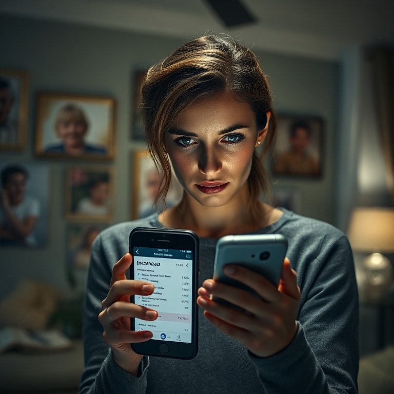 secretly - A woman looking distraught, holding a smartphone showing a partial DNA test result, surrounded by blurred family p