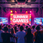 A vibrant, energetic scene depicting the excitement of Summer Game Fest. A diverse group of gamers with controllers and headsets are celebrating around a large screen displaying new game titles and trailers. Confetti is falling, and neon lights illuminate the room, with the words 'New Reveals' and 'Free Games' subtly integrated into the background. The mood is euphoric and celebratory, emphasizing the 'Urgent Dont Miss' feeling. Highly detailed, cinematic lighting, 8k quality, photorealistic.