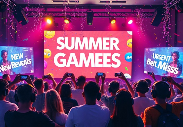 A vibrant, energetic scene depicting the excitement of Summer Game Fest. A diverse group of gamers with controllers and headsets are celebrating around a large screen displaying new game titles and trailers. Confetti is falling, and neon lights illuminate the room, with the words 'New Reveals' and 'Free Games' subtly integrated into the background. The mood is euphoric and celebratory, emphasizing the 'Urgent Dont Miss' feeling. Highly detailed, cinematic lighting, 8k quality, photorealistic.