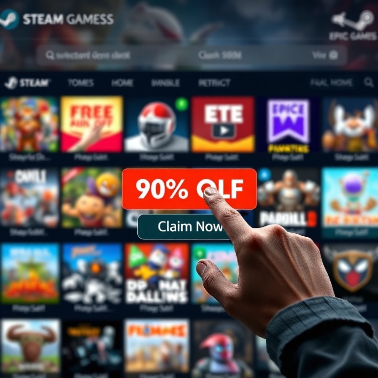 A digital storefront interface, similar to Steam or Epic Games Store, filled with colorful game tiles showing 'FREE' or '90%