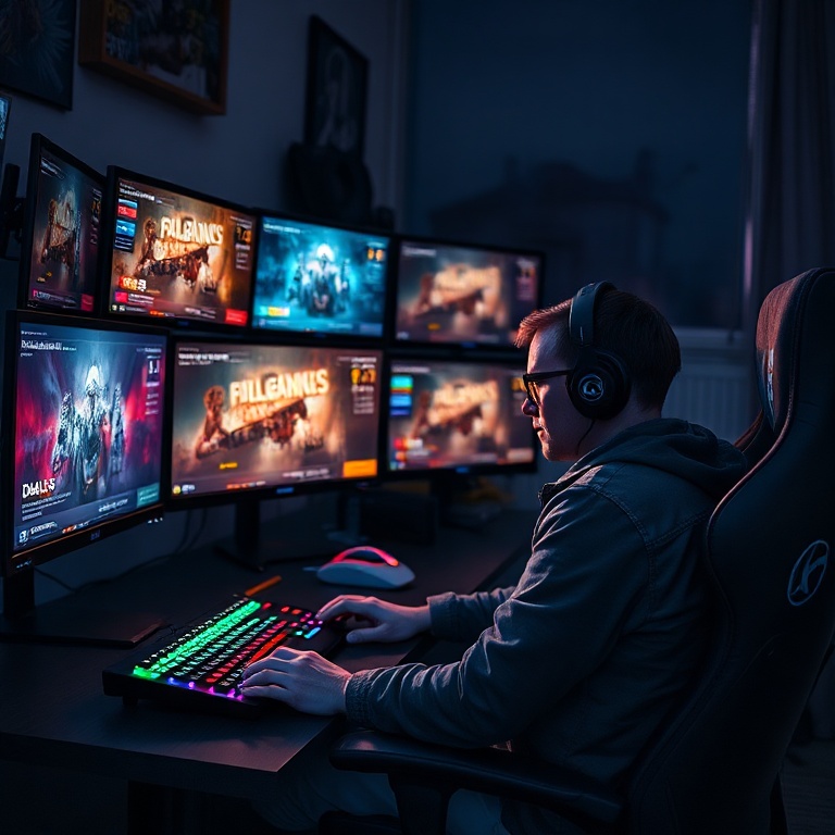 urgent - A gamer's cozy, illuminated setup at night. Multiple monitors display various game interfaces, some showing 'deals'