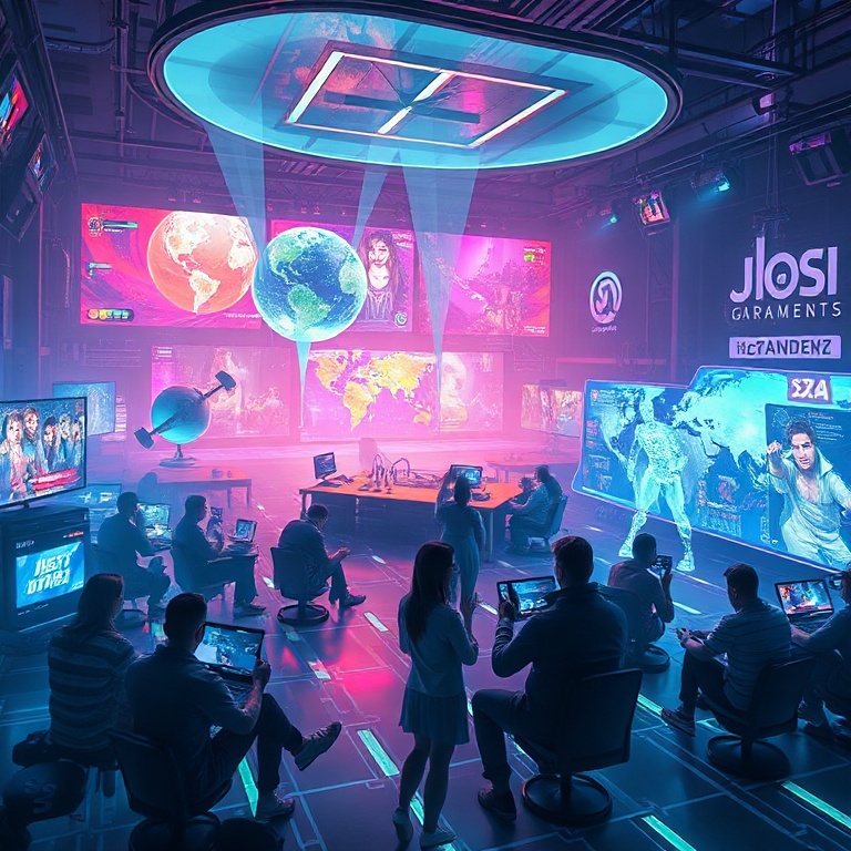 A futuristic, stylized scene depicting the evolution of gaming. Holographic displays show diverse game worlds merging and int