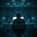 A person sitting alone at a large, modern office desk at night, illuminated by the glow of a computer screen, face hidden in hands, reflecting deep stress and isolation. The office is sleek with glass walls, but the mood is dark and heavy, capturing the weight of a secret. The image should convey the emotional toll of carrying a lie, with a focus on solitude and anxiety. The overall atmosphere should be cinematic and highly detailed, emphasizing the 'Confession Ive Been' dreading.