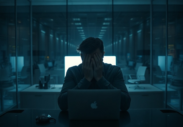 A person sitting alone at a large, modern office desk at night, illuminated by the glow of a computer screen, face hidden in hands, reflecting deep stress and isolation. The office is sleek with glass walls, but the mood is dark and heavy, capturing the weight of a secret. The image should convey the emotional toll of carrying a lie, with a focus on solitude and anxiety. The overall atmosphere should be cinematic and highly detailed, emphasizing the 'Confession Ive Been' dreading.