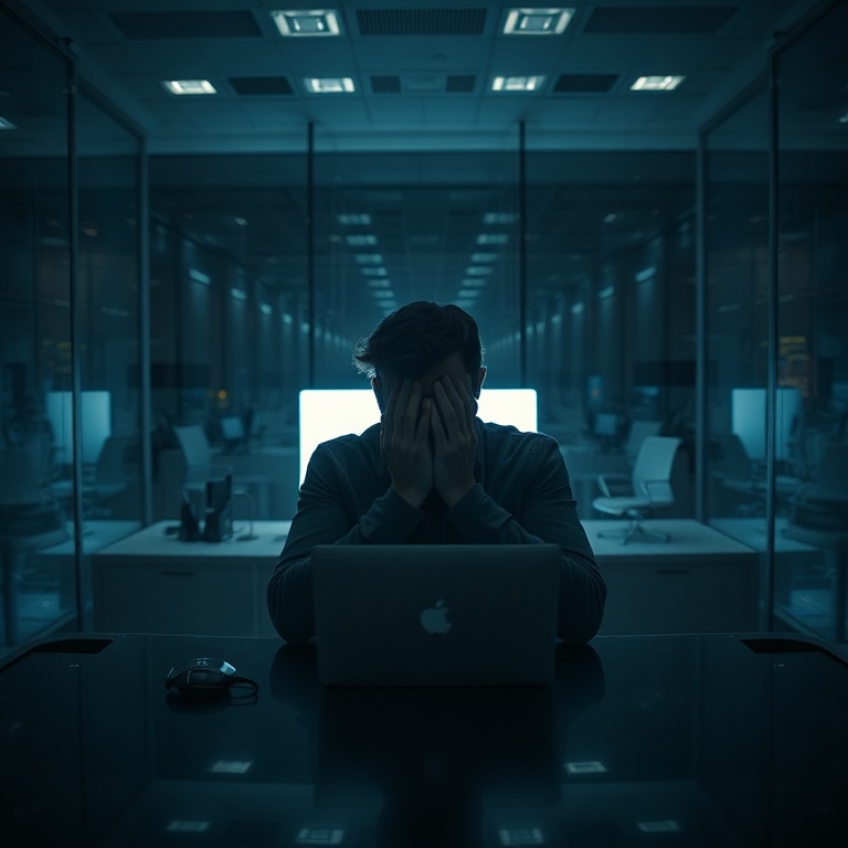 A person sitting alone at a large, modern office desk at night, illuminated by the glow of a computer screen, face hidden in hands, reflecting deep stress and isolation. The office is sleek with glass walls, but the mood is dark and heavy, capturing the weight of a secret. The image should convey the emotional toll of carrying a lie, with a focus on solitude and anxiety. The overall atmosphere should be cinematic and highly detailed, emphasizing the 'Confession Ive Been' dreading.