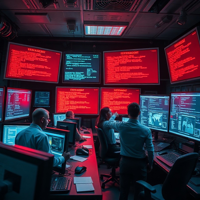 A chaotic scene in a high-tech control room, screens flashing red with error messages, worried engineers pointing at monitors