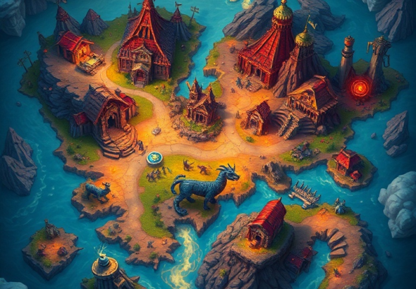 a vibrant, stylized fantasy RPG world map with glowing quest markers and mythical creatures, in the style of 'Aethelgard's Legacy', rich colors, detailed terrain, magical atmosphere, ultra realistic, highly detailed, 8k quality, photorealistic