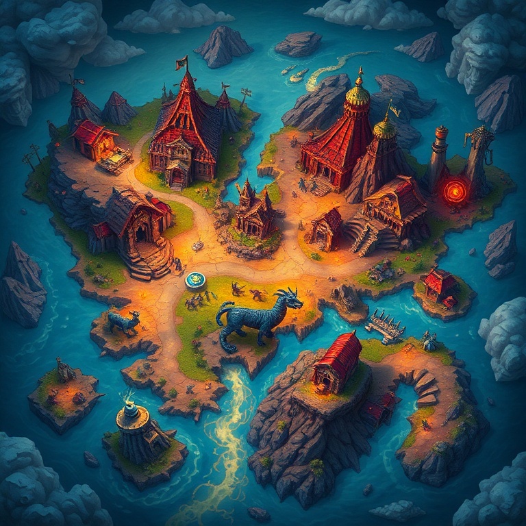 a vibrant, stylized fantasy RPG world map with glowing quest markers and mythical creatures, in the style of 'Aethelgard's Legacy', rich colors, detailed terrain, magical atmosphere, ultra realistic, highly detailed, 8k quality, photorealistic