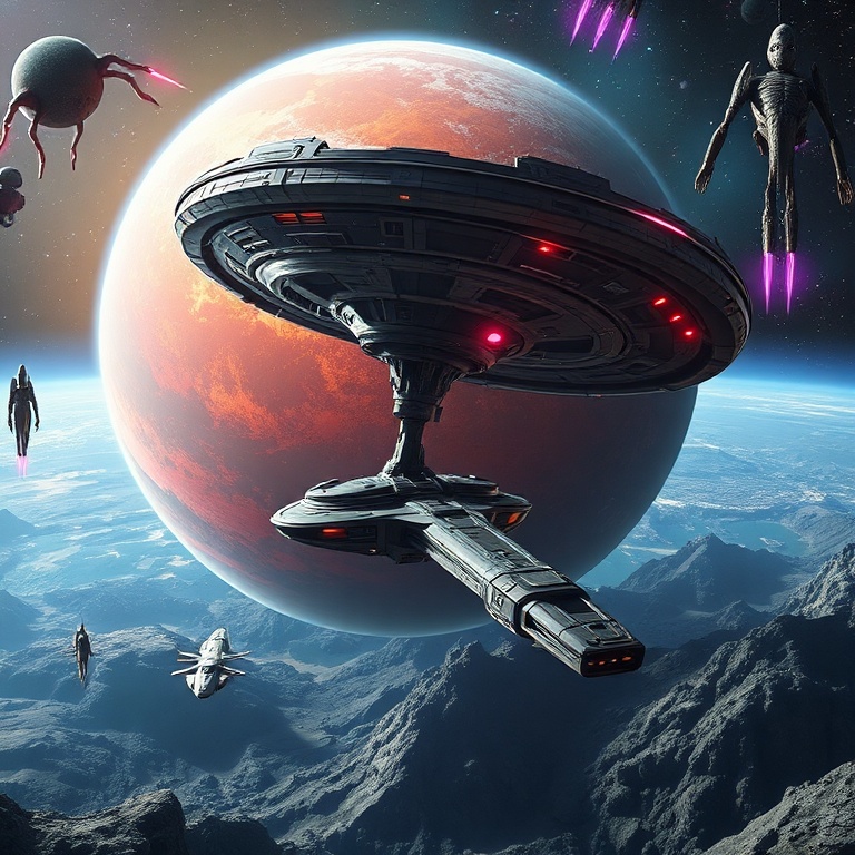 epic - a futuristic space station orbiting a vibrant alien planet, with player spacecraft docked and new alien species intera