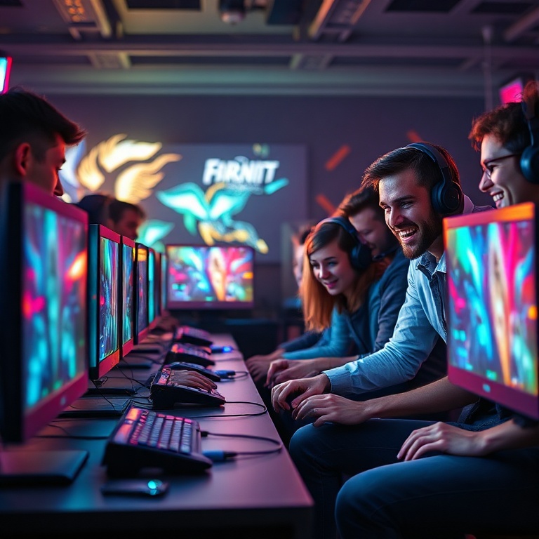 epic - a diverse group of gamers enthusiastically discussing a new game release on their computers and consoles, with vibrant