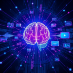 futuristic holographic display showing interconnected data streams of text, images, audio waveforms, and video frames, radiating from a central glowing AI brain, deep blue and purple color scheme, technological, highly detailed, 8k quality, digital art