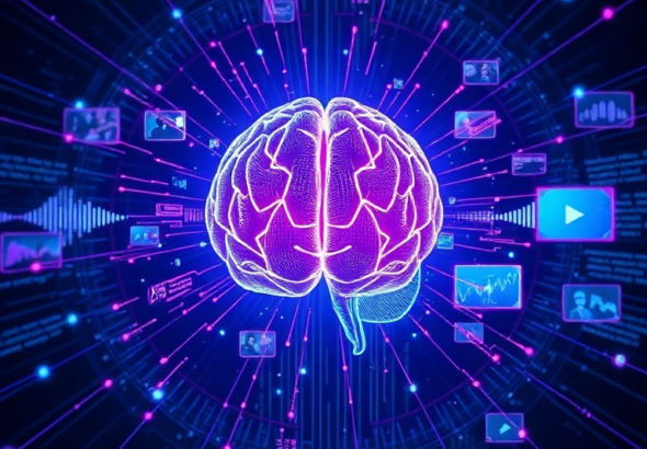 futuristic holographic display showing interconnected data streams of text, images, audio waveforms, and video frames, radiating from a central glowing AI brain, deep blue and purple color scheme, technological, highly detailed, 8k quality, digital art