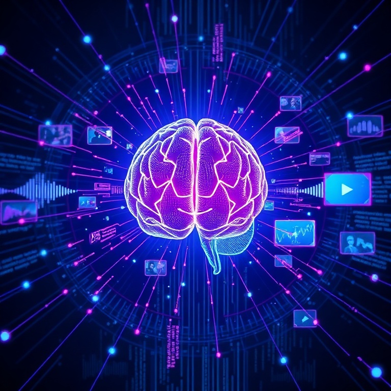 futuristic holographic display showing interconnected data streams of text, images, audio waveforms, and video frames, radiating from a central glowing AI brain, deep blue and purple color scheme, technological, highly detailed, 8k quality, digital art