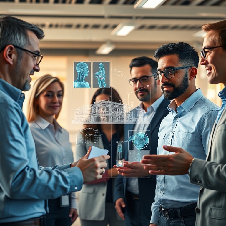 gemini - diverse group of professionals collaborating with a holographic interface, showing medical scans, architectural desi