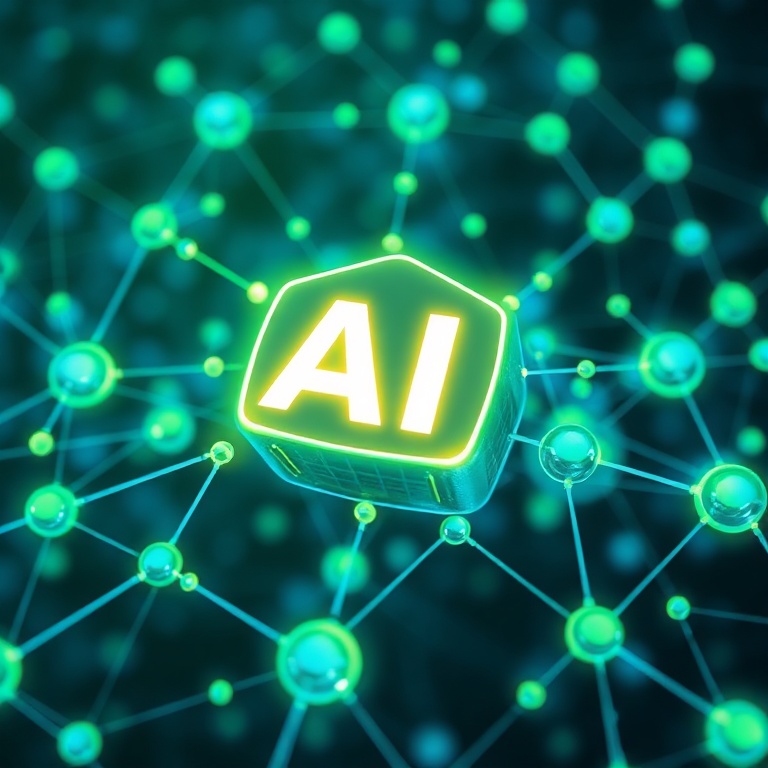 gemini - stylized abstract representation of ethical AI, glowing green and blue nodes connected by a secure network, represen