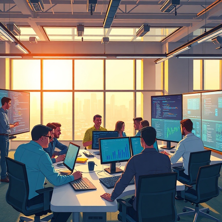 gemini - diverse group of developers working collaboratively in a modern, brightly lit tech hub, screens displaying code and