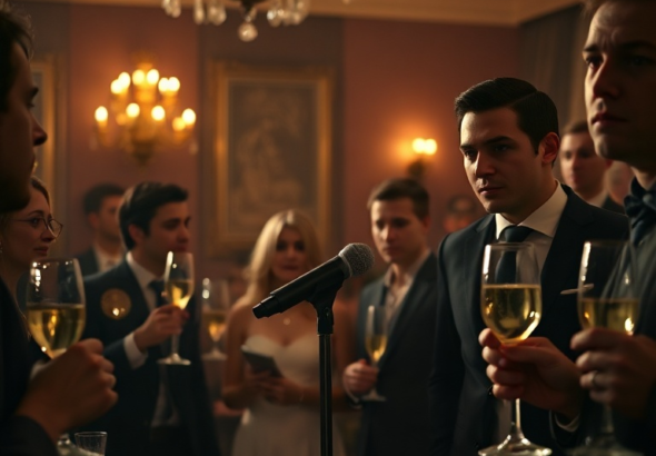 A dimly lit, elegant engagement party with guests holding champagne glasses, a nervous speaker at a microphone, the air thick with anticipation, subtle hints of tension beneath the celebratory mood, sophisticated attire, warm lighting, cinematic, ultra realistic, highly detailed, 8k quality, photorealistic
