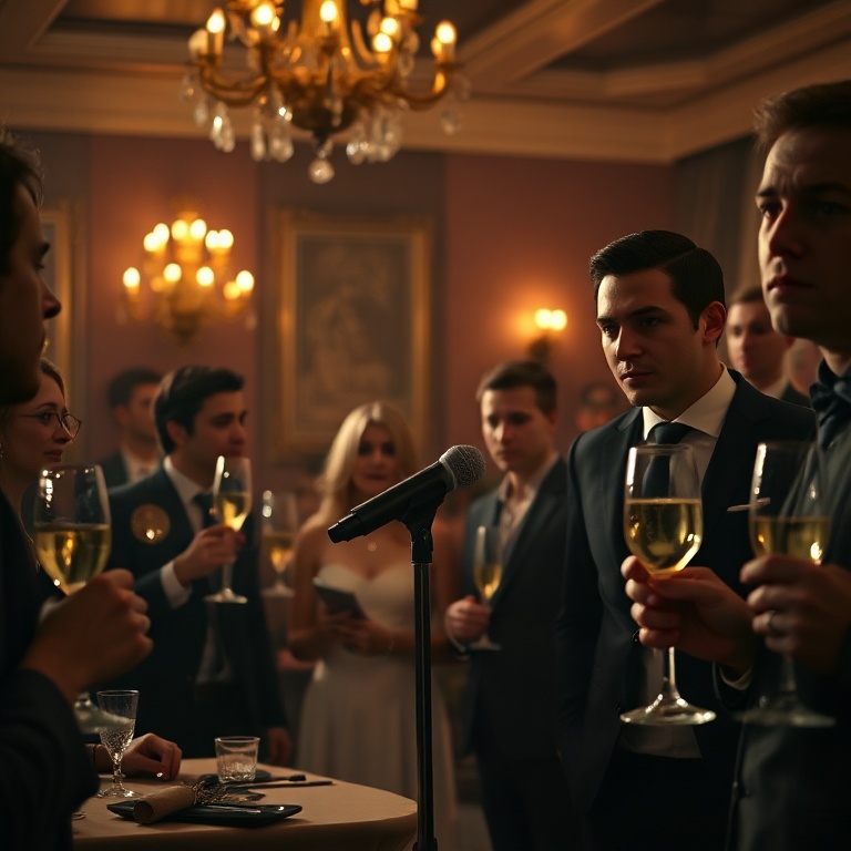 A dimly lit, elegant engagement party with guests holding champagne glasses, a nervous speaker at a microphone, the air thick with anticipation, subtle hints of tension beneath the celebratory mood, sophisticated attire, warm lighting, cinematic, ultra realistic, highly detailed, 8k quality, photorealistic