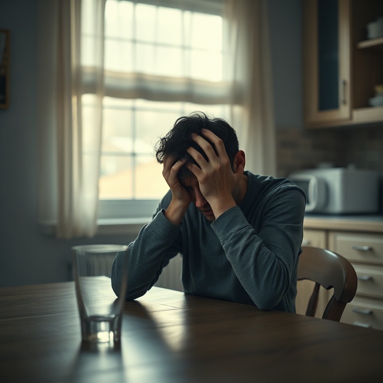 tifu - A person sitting alone at a kitchen table, head in hands, looking distraught and regretful, an empty glass nearby, sof