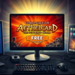A radiant computer screen displaying the game title 'Chronicles of Aethelgard: The Sundered Realm' with a prominent 'FREE' badge, surrounded by a gamer's setup with a keyboard and mouse, digital art style, vibrant colors, celebratory mood, high detail, 8k quality, digital painting