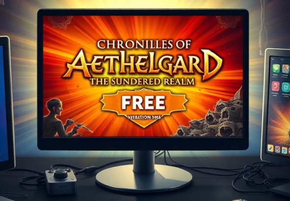 A radiant computer screen displaying the game title 'Chronicles of Aethelgard: The Sundered Realm' with a prominent 'FREE' badge, surrounded by a gamer's setup with a keyboard and mouse, digital art style, vibrant colors, celebratory mood, high detail, 8k quality, digital painting