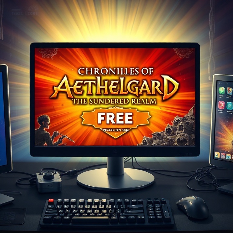 A radiant computer screen displaying the game title 'Chronicles of Aethelgard: The Sundered Realm' with a prominent 'FREE' badge, surrounded by a gamer's setup with a keyboard and mouse, digital art style, vibrant colors, celebratory mood, high detail, 8k quality, digital painting