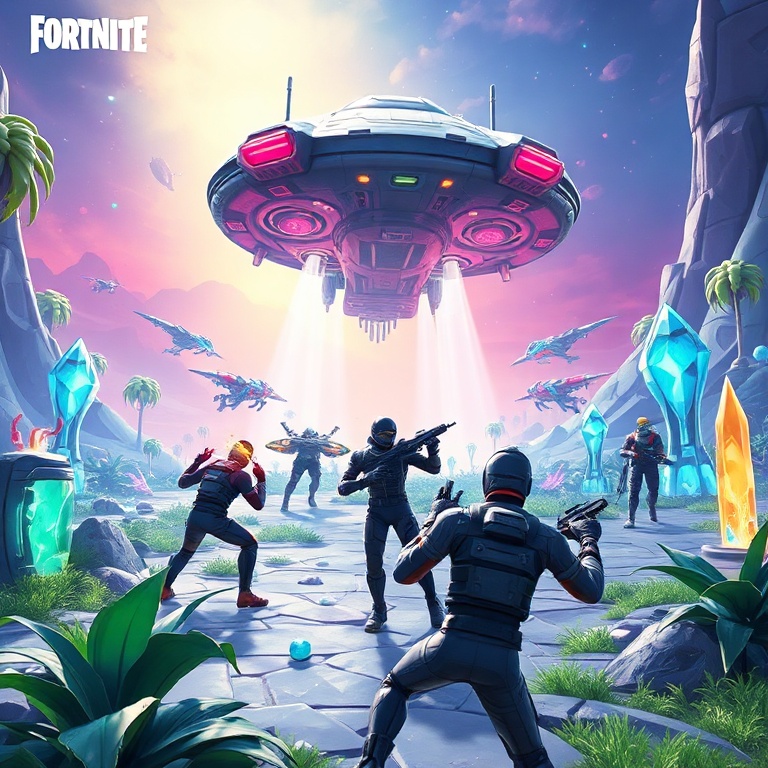 epic - A vibrant, action-packed scene from Fortnite's new 'Cosmic Convergence' update, featuring players in futuristic suits