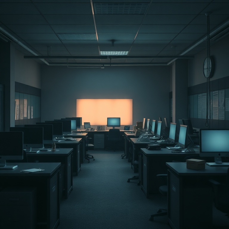 epic - A somber, dimly lit office setting with empty desks and a few boxes packed, symbolizing recent industry layoffs, a sub