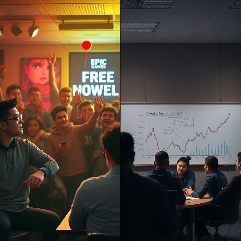 A split image showing two contrasting scenes: one side features vibrant gamers celebrating a free game download from Epic Gam