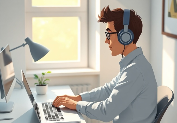 A person diligently working at a clean, minimalist desk with a laptop, focused and wearing noise-canceling headphones. Sunlight streams through a window, illuminating a small plant on the desk. The overall mood is calm, productive, and undisturbed. Cinematic lighting, ultra realistic, highly detailed, 8k quality, photorealistic