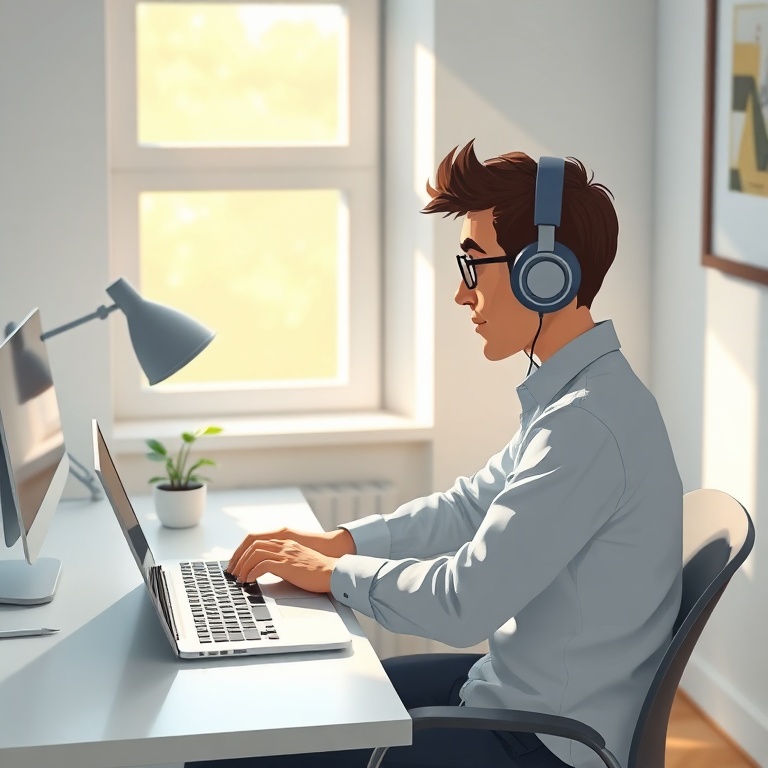 A person diligently working at a clean, minimalist desk with a laptop, focused and wearing noise-canceling headphones. Sunlight streams through a window, illuminating a small plant on the desk. The overall mood is calm, productive, and undisturbed. Cinematic lighting, ultra realistic, highly detailed, 8k quality, photorealistic