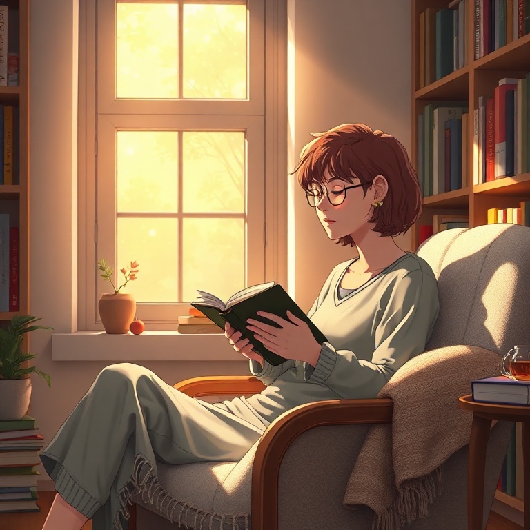 secretly - A person journaling and reflecting in a cozy, sunlit reading nook with a warm cup of tea. Bookshelves line the wal