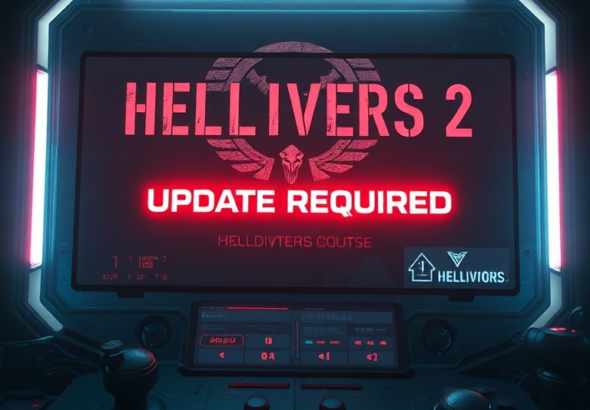 A futuristic gaming console displaying a large, glowing 'Update Required' notification with a Helldivers 2 logo in the background, a sense of urgency and high-stakes gaming, digital art, dark and atmospheric lighting, highly detailed, 8k quality, cinematic