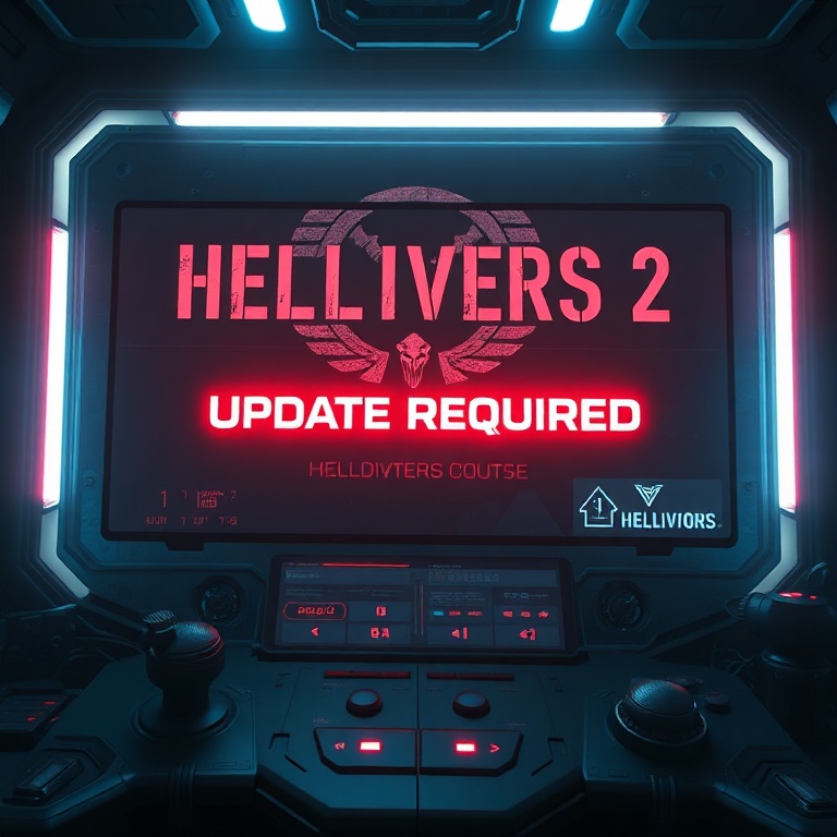 A futuristic gaming console displaying a large, glowing 'Update Required' notification with a Helldivers 2 logo in the background, a sense of urgency and high-stakes gaming, digital art, dark and atmospheric lighting, highly detailed, 8k quality, cinematic