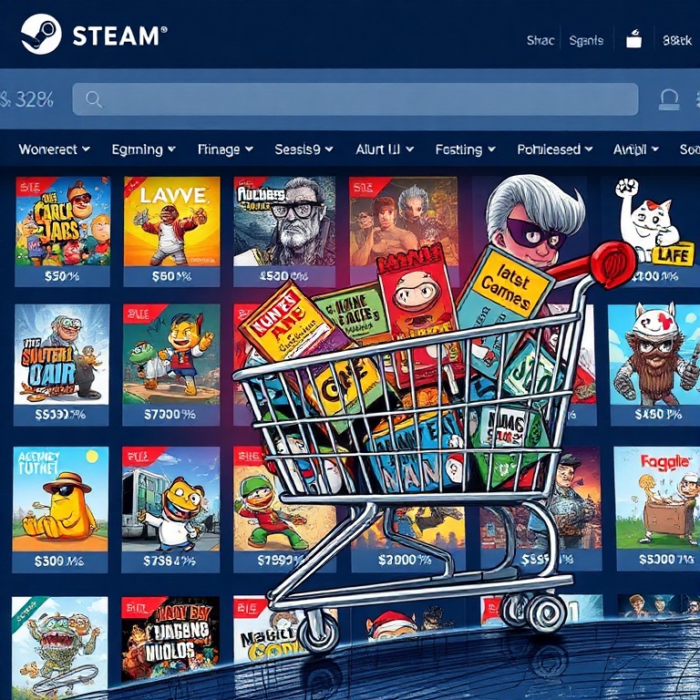 handle - A vibrant, dynamic illustration of the Steam store interface during a massive sale, showing various game covers with