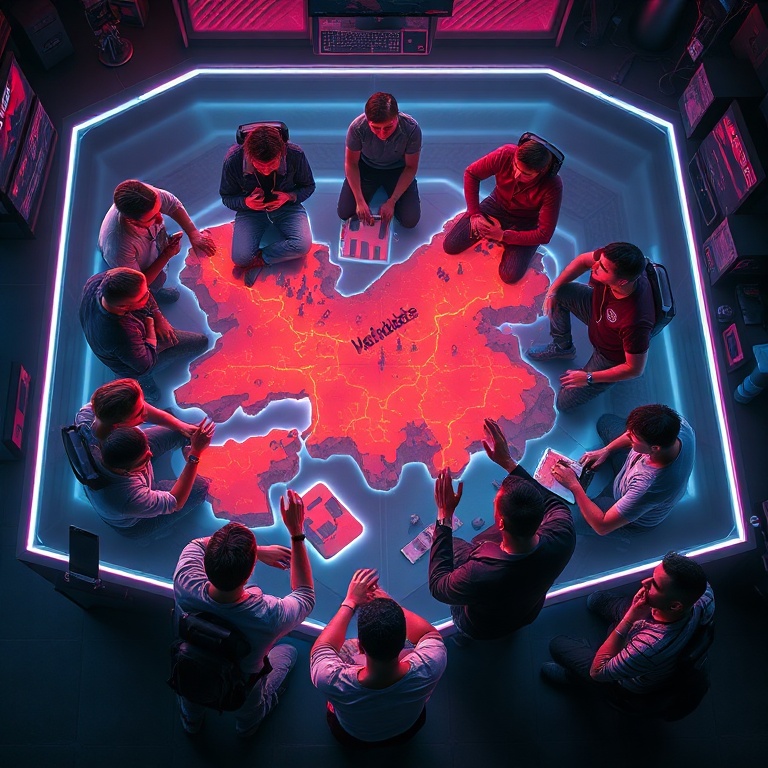 handle - An overhead view of a diverse group of gamers gathered around a holographic projection of the Helldivers 2 game map,