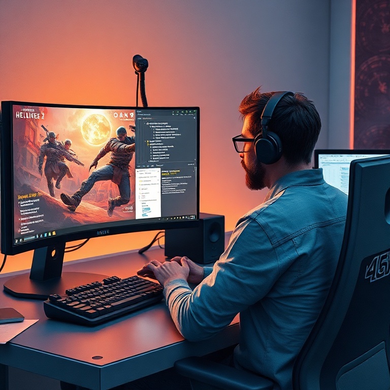 handle - A gamer sitting at a sleek desk, looking at multiple monitors displaying a game (Helldivers 2), a task list for game