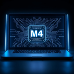 futuristic Apple MacBook Pro showcasing a glowing M4 Neural-Core chip inside, with intricate circuitry and blue light emanating, symbolizing advanced on-device AI capabilities, sleek design, dark background, highly detailed, cinematic, 8k quality, photorealistic