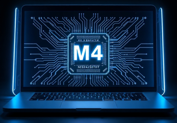 futuristic Apple MacBook Pro showcasing a glowing M4 Neural-Core chip inside, with intricate circuitry and blue light emanating, symbolizing advanced on-device AI capabilities, sleek design, dark background, highly detailed, cinematic, 8k quality, photorealistic