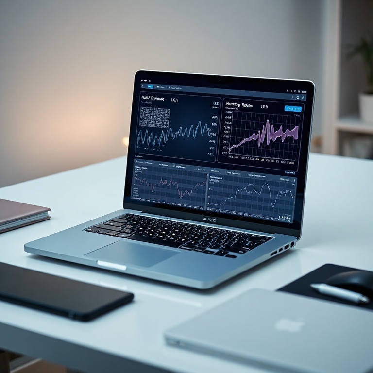 reasons - a sleek, futuristic Apple MacBook Pro on a modern desk setup, displaying complex AI algorithms and data visualizati