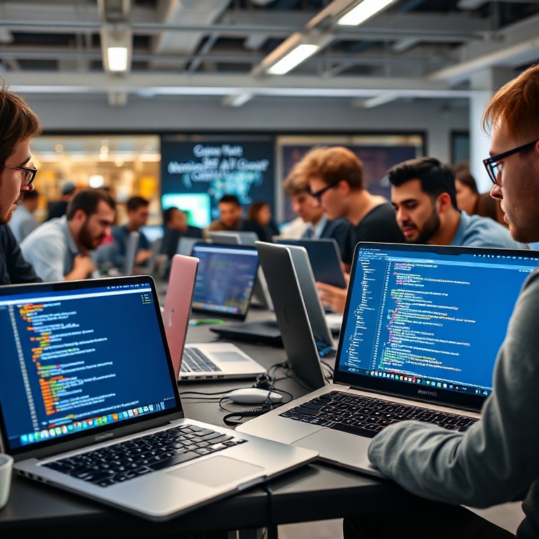 reasons - a vibrant and collaborative developer workspace with multiple Apple MacBook Pros open, displaying lines of code and