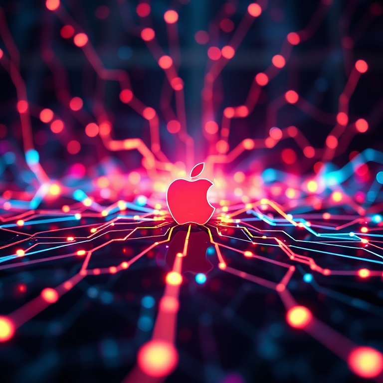 reasons - a conceptual art piece showing a network of glowing neural pathways connecting various Apple devices, representing